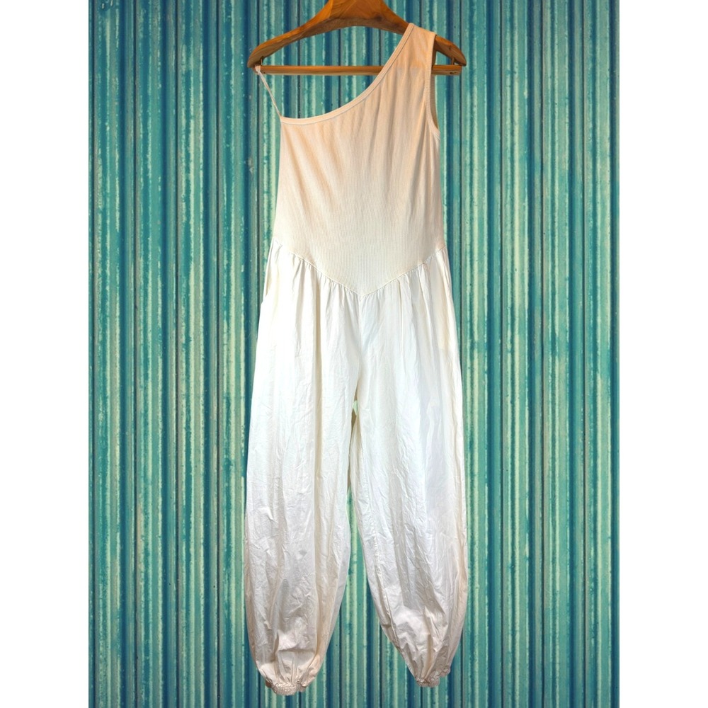in Italy One Shoulder Balloon Leg Jumpsuit Drop Waist Ivory Cotton Made in Italy